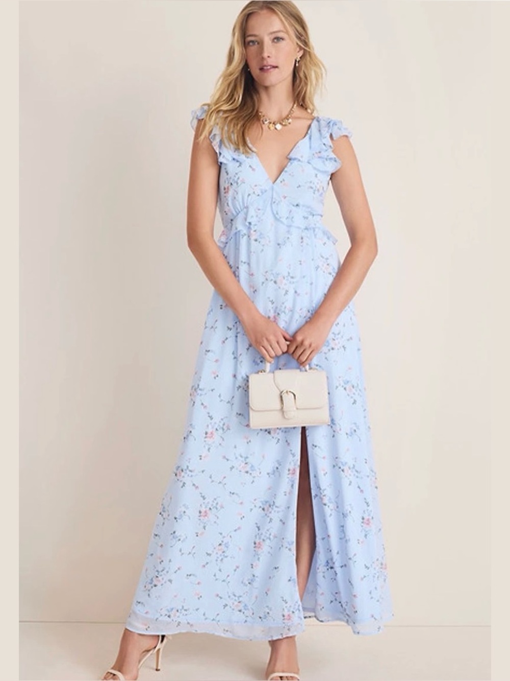 Francesca's Collections Kadence Bow Back Light Blue Floral Ruffle Maxi Dress